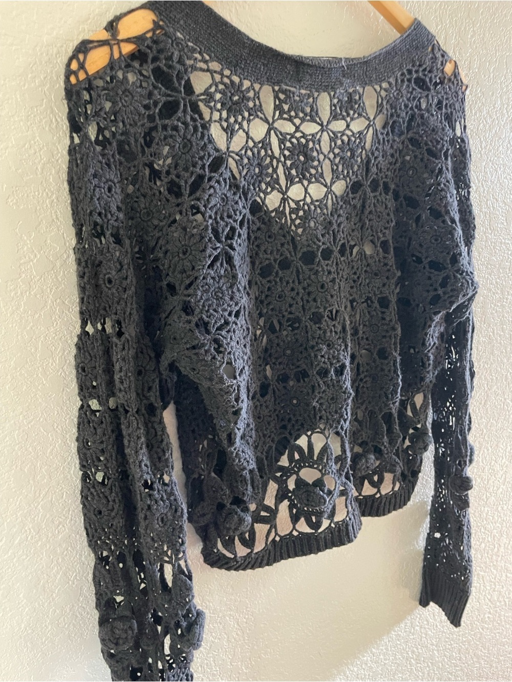 Vintage 90s Hand Knit Crochet Long Sleeve Sweater Top Blouse Black Cottagecore - Picture 6 of 10